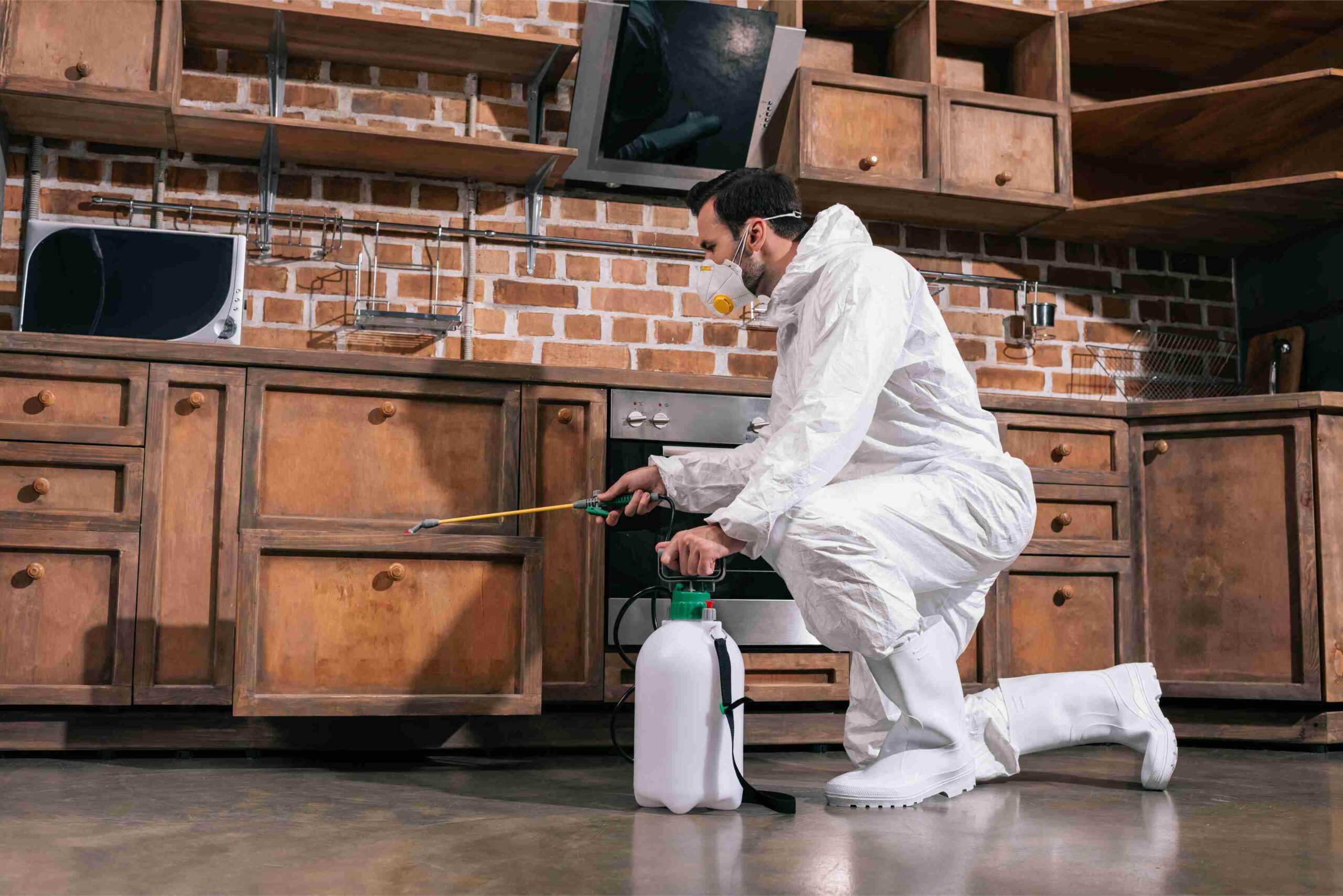 pest control worker spraying pesticides in cabinet h5f6exa